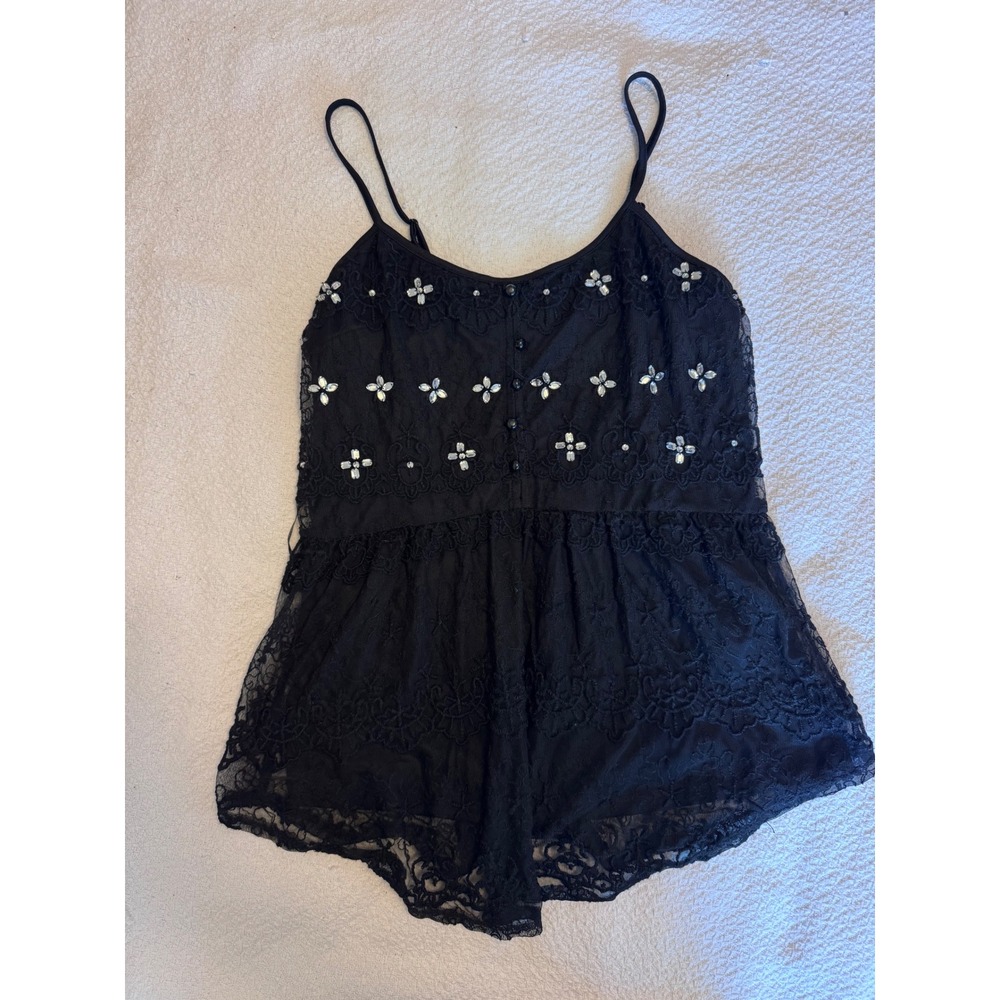 Candies Black Lace Rhinestone Embellished Romper Sleeveless Floral Boho Medium